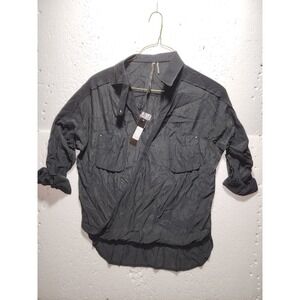 ReneeC Top Womens Large Black Collared Long Sleeve V Neck Pocket Casual‎ Button
